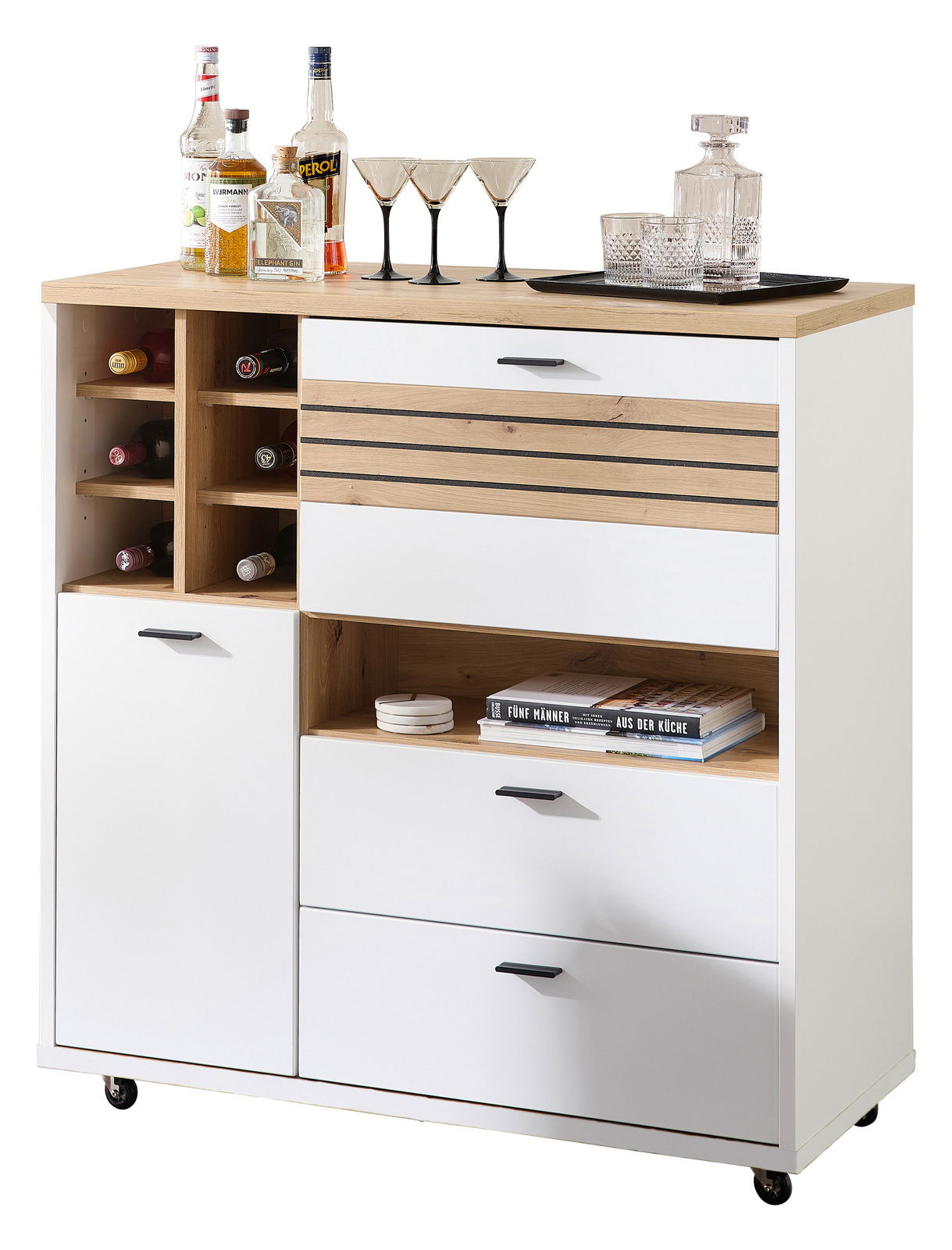 Moderner Raumteiler mit integriertem Weinregal, Schubladen und Ablagefläche, aus Holz und Weiß, frontal betrachtet.