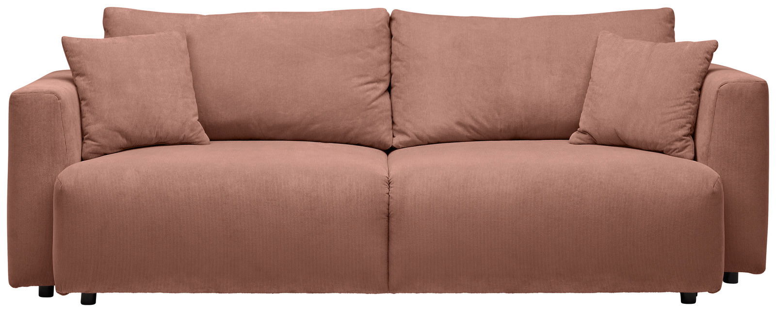 Rosa Funktionssofa mit zwei großen Rückenkissen und zwei kleinen Seitenkissen, Frontalansicht