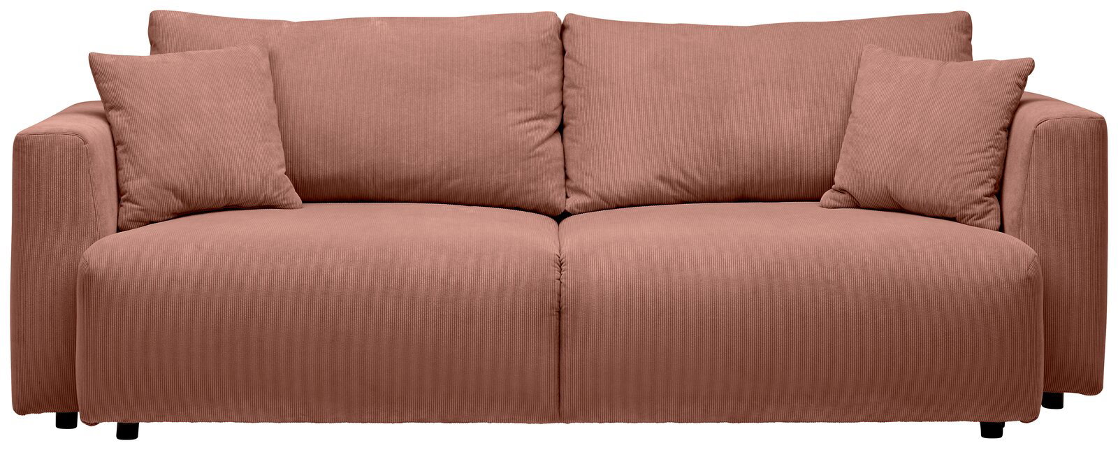 Rosa Funktionssofa mit zwei großen Rückenkissen und zwei kleinen Seitenkissen, Frontalansicht