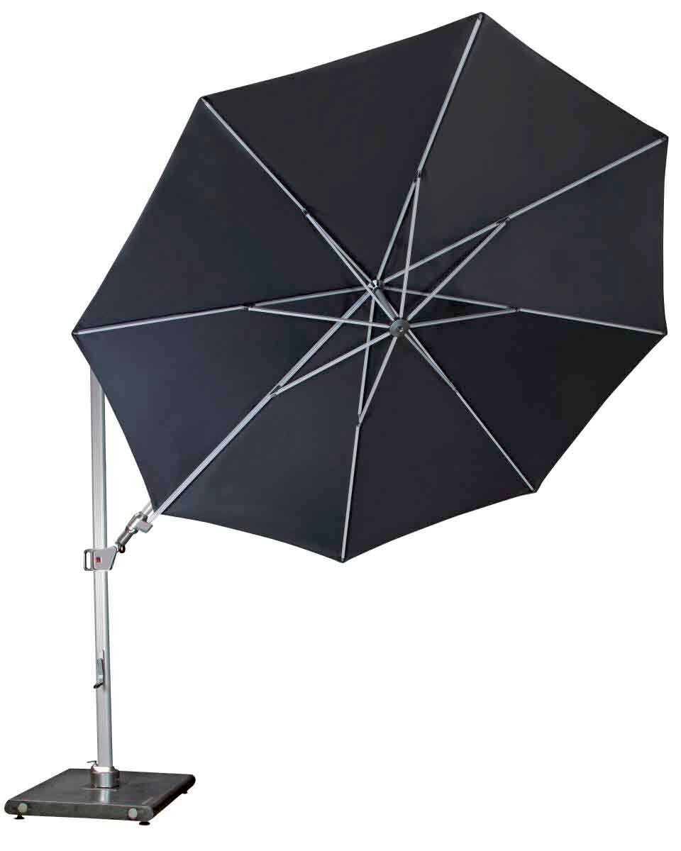 Schwarzer Pendelschirm mit stabilem Metallgestell, seitliche Perspektive