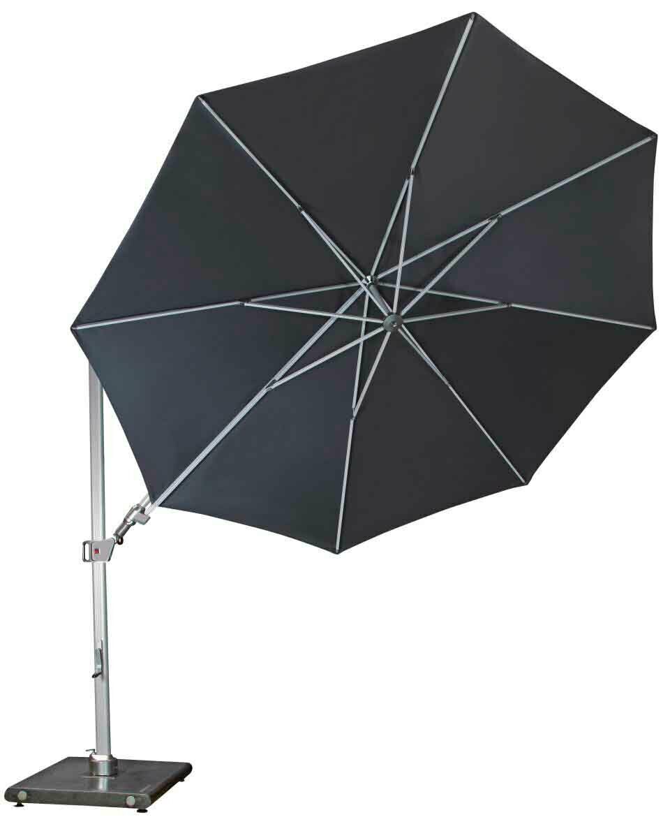 Schwarzer Pendelschirm mit stabilem Metallgestell, seitliche Perspektive