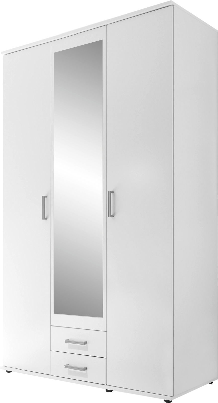 Weißer dreitüriger Drehtürenschrank mit Spiegel in der mittleren Tür und zwei Schubladen darunter, Frontalansicht.