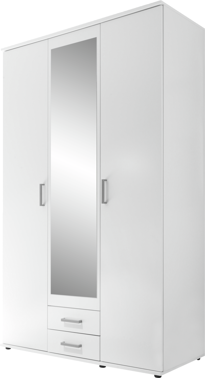 Weißer dreitüriger Drehtürenschrank mit Spiegel in der mittleren Tür und zwei Schubladen darunter, Frontalansicht.