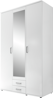 Weißer dreitüriger Drehtürenschrank mit Spiegel in der mittleren Tür und zwei Schubladen darunter, Frontalansicht.