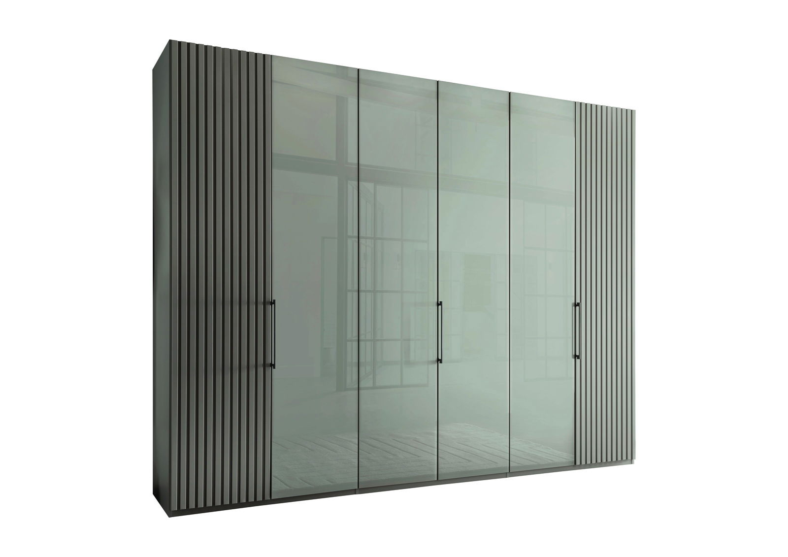 Moderner Drehtürenschrank mit Glasfronten, seitlicher Perspektive