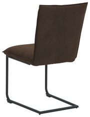 Rückansicht eines braunen Freischwinger-Stuhls mit schwarzem Metallgestell.