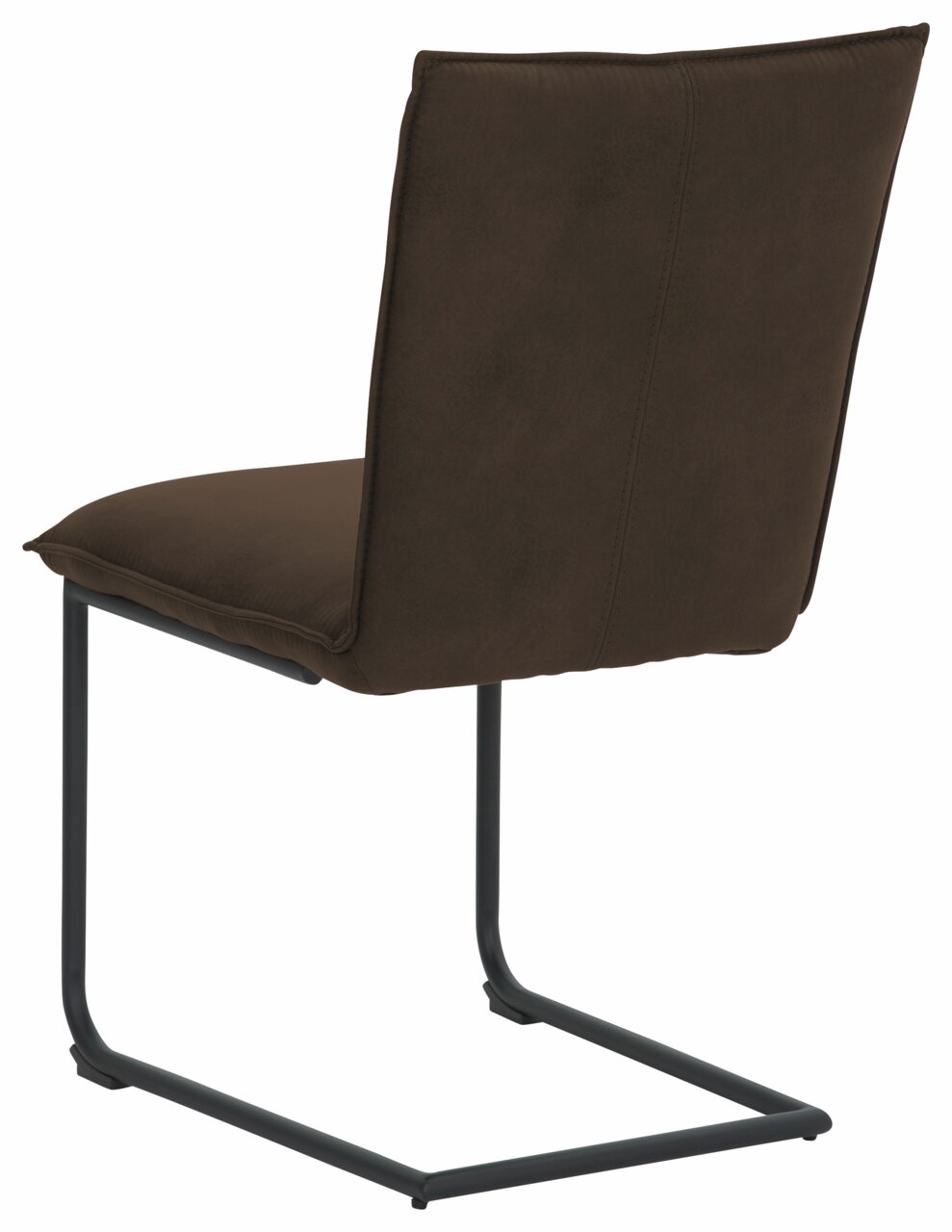 Achterkant van een bruine cantileverstoel met een zwart metalen frame.