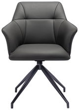 Moderner Armlehnstuhl in schwarzem Leder mit vierbeinigem Metallgestell, Frontalansicht.