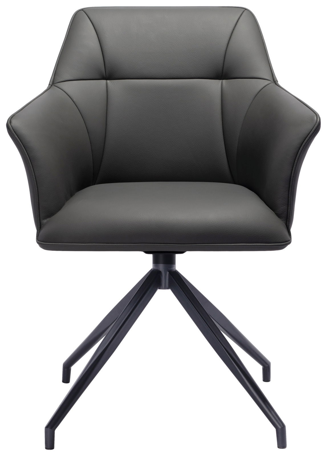 Moderner Armlehnstuhl in schwarzem Leder mit vierbeinigem Metallgestell, Frontalansicht.