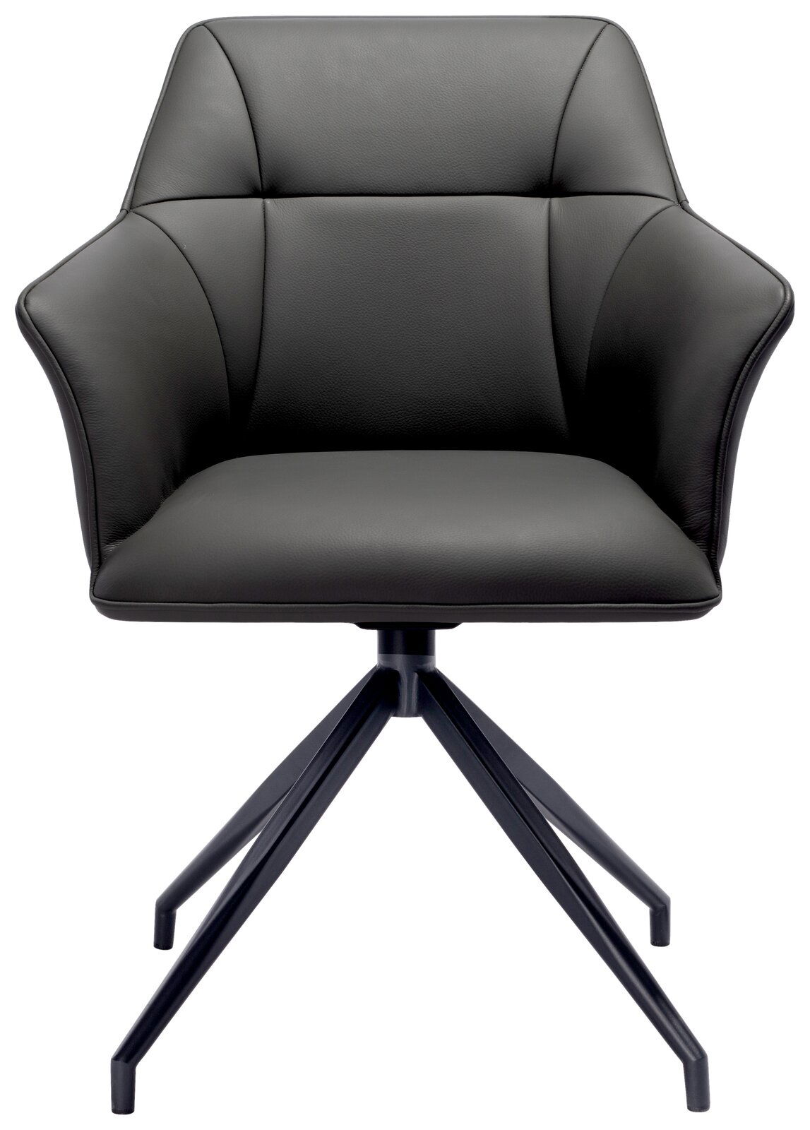 Moderner Armlehnstuhl in schwarzem Leder mit vierbeinigem Metallgestell, Frontalansicht.