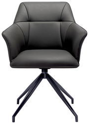 Moderner Armlehnstuhl in schwarzem Leder mit vierbeinigem Metallgestell, Frontalansicht.