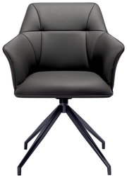 Moderner Armlehnstuhl in schwarzem Leder mit vierbeinigem Metallgestell, Frontalansicht.