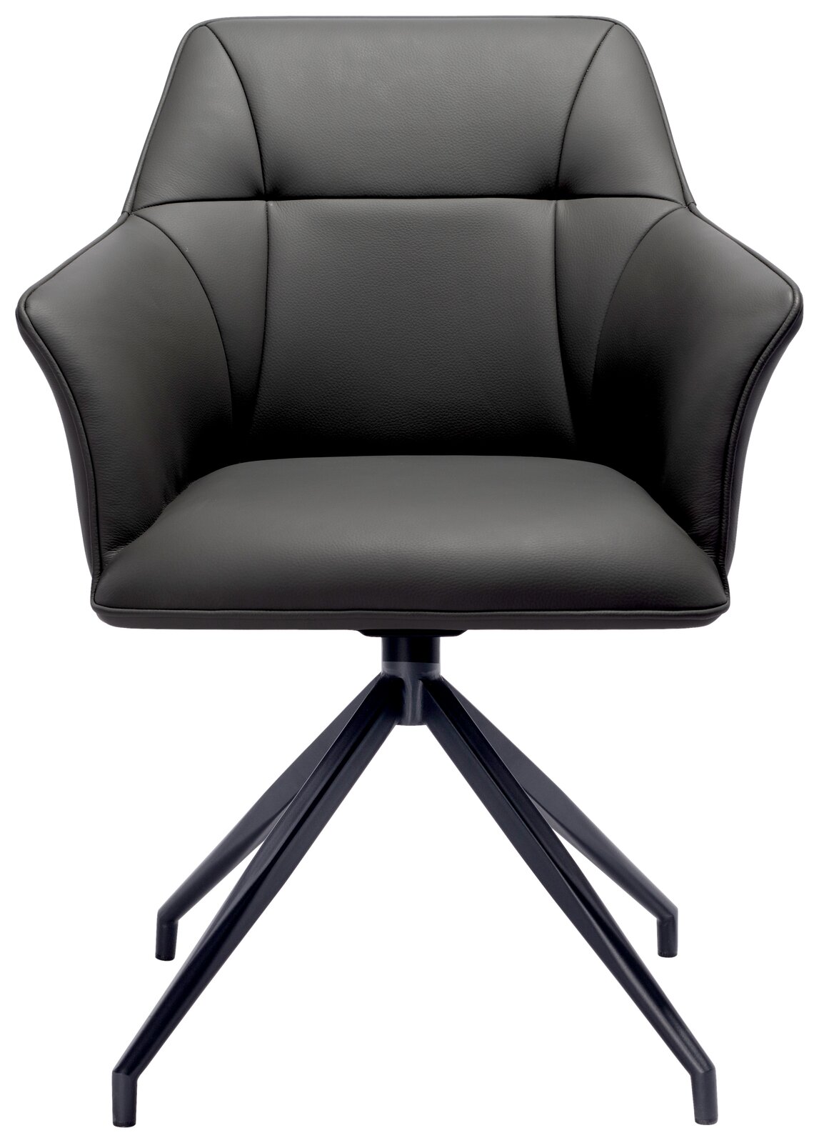Moderner Armlehnstuhl in schwarzem Leder mit vierbeinigem Metallgestell, Frontalansicht.