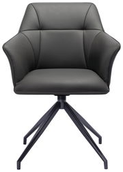 Moderner Armlehnstuhl in schwarzem Leder mit vierbeinigem Metallgestell, Frontalansicht.