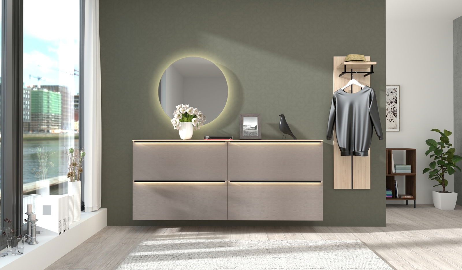 Voleo Garderoben-Kombination 4-tlg. STARLIGHT Moderne Garderoben-Kombination mit vier Teilen, bestehend aus einem beleuchteten Spiegel, einer Kommode mit Schubladen und einer Wandgarderobe mit Haken und Ablage, seitliche Perspektive.