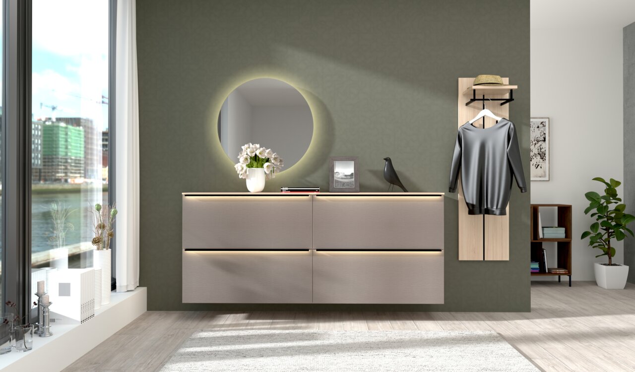 Voleo Garderoben-Kombination 4-tlg. STARLIGHT Moderne Garderoben-Kombination mit vier Teilen, bestehend aus einem beleuchteten Spiegel, einer Kommode mit Schubladen und einer Wandgarderobe mit Haken und Ablage, seitliche Perspektive.