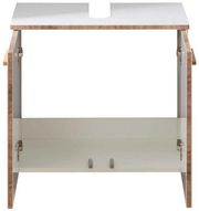 Waschbeckenunterschrank aus Holz mit offener Frontansicht, zeigt zwei Türen und eine Aussparung für das Waschbecken.