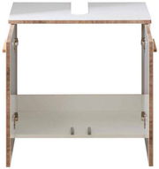 Waschbeckenunterschrank aus Holz mit offener Frontansicht, zeigt zwei Türen und eine Aussparung für das Waschbecken.