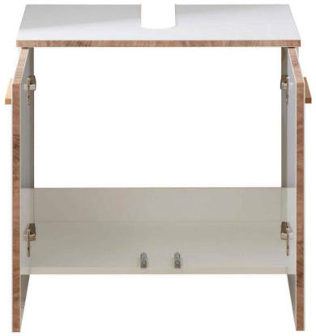 XORA Waschbeckenunterschrank BURGAS Waschbeckenunterschrank aus Holz mit offener Frontansicht, zeigt zwei Türen und eine Aussparung für das Waschbecken.