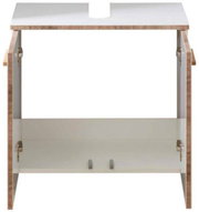 Houten wastafelonderkast met open voorkant, voorzien van twee deuren en een uitsparing voor de wastafel.