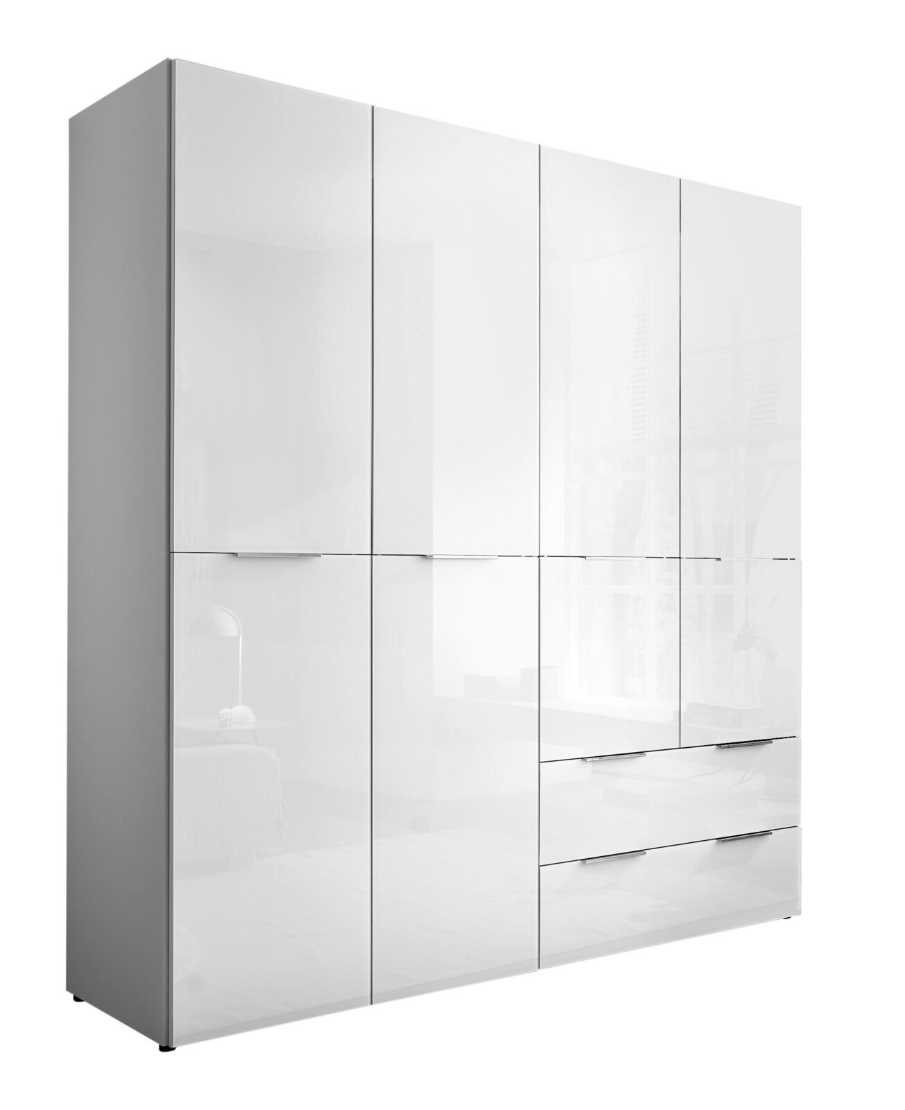 BOXXX Drehtürenschrank SANTORINI Moderner Kleiderschrank in Weiß mit hochglänzenden Fronten, mehreren Türen und Schubladen, abgebildet in schräger Vorderansicht (3/4-Perspektive) vor weißem Hintergrund