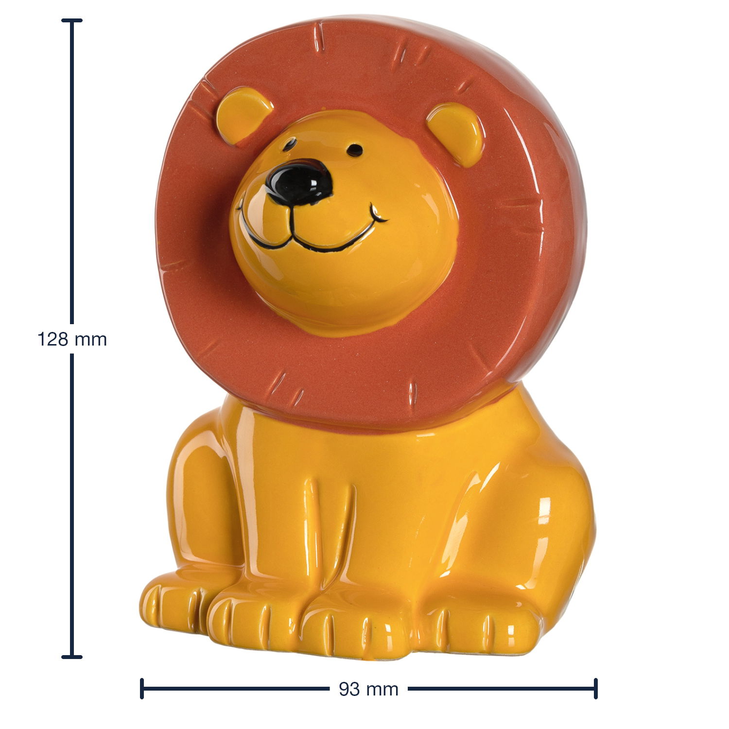 Spardose in Form eines sitzenden Löwen mit gelbem Körper und brauner Mähne, seitliche Perspektive