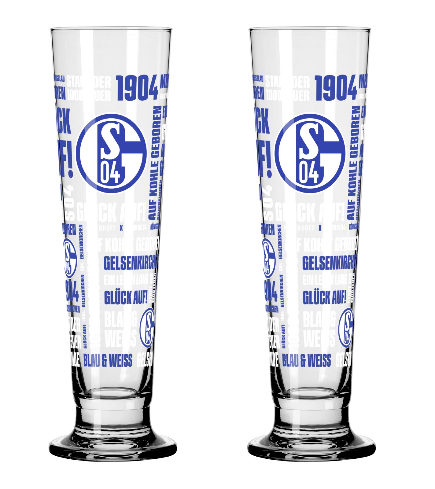 Ritzenhoff Bierglas 2er-Set FC SCHALKE 04 Zwei hohe FC-Schalke-04-Gläser mit blau-weißem Logo- und Schriftzugdekor, in gerader Vorderansicht auf weißem Hintergrund