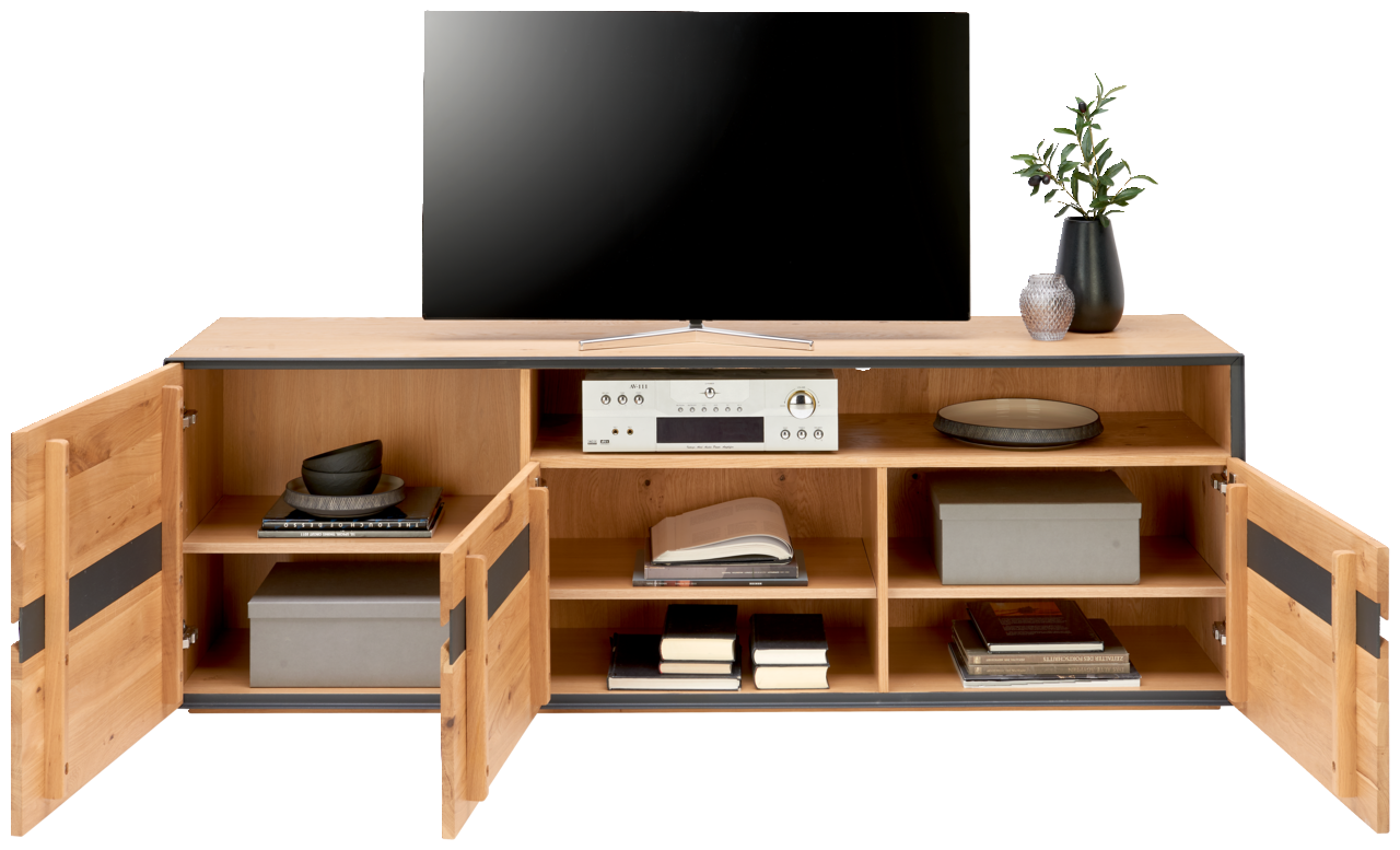 TV-Lowboard aus Holz mit offenen und geschlossenen Fächern, dekoriert mit Pflanzen und Büchern, frontale Ansicht