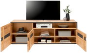TV-Lowboard aus Holz mit offenen und geschlossenen Fächern, dekoriert mit Pflanzen und Büchern, frontale Ansicht