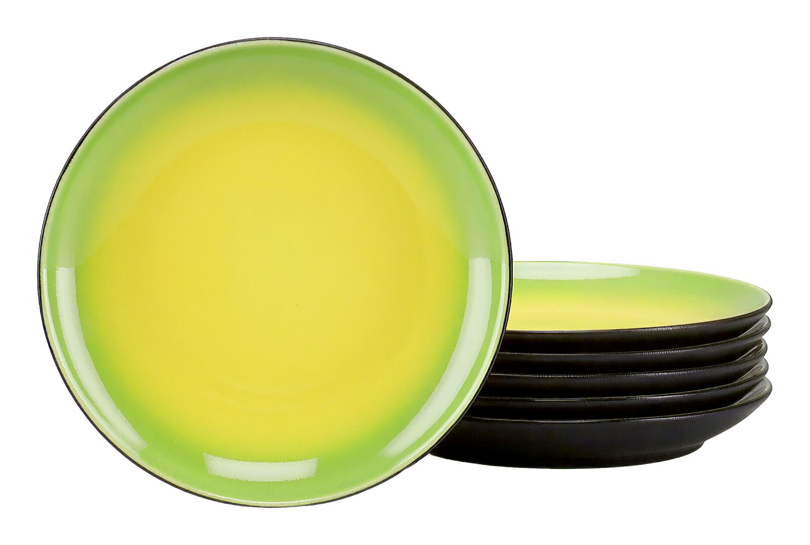 creaTable Dessertteller 6-tlg. HOT GREEN Grün-gelbe, glänzende Speiseteller mit dunklem Rand, ein Teller frontal präsentiert und vier weitere seitlich dahinter gestapelt