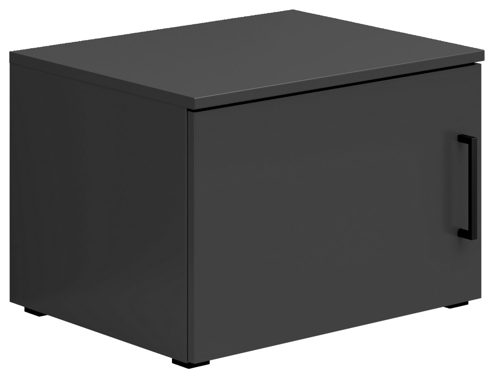 Grauer Aufsatzschrank mit schwarzem Griff, perspektivisch von vorne rechts fotografiert.
