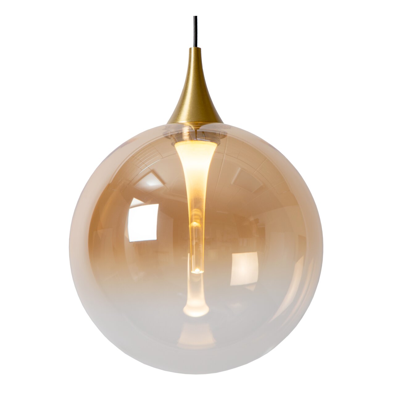 Moderne hanglamp met een bolvormige, transparante kap en een gouden punt, gezien van voren.