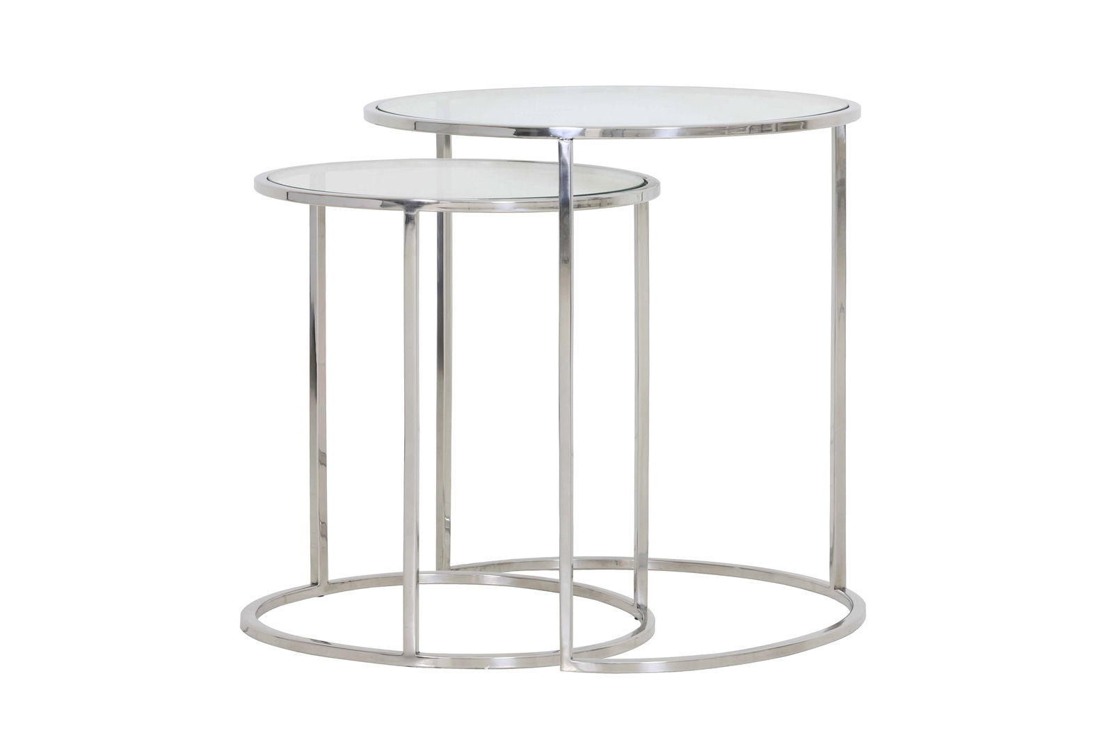 Zwei runde Beistelltische aus Metall mit Glasplatte, ineinander verschachtelt, seitliche Perspektive.