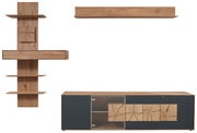 Frontale Ansicht der Valnatura Wandkombination LAGO mit Holz- und dunklen Elementen, bestehend aus einem Hängeregal, einem Wandregal und einem Sideboard mit einzigartigem Holzdesign.