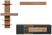 Frontale Ansicht der Valnatura Wandkombination LAGO mit Holz- und dunklen Elementen, bestehend aus einem Hängeregal, einem Wandregal und einem Sideboard mit einzigartigem Holzdesign.