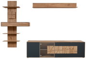 Frontale Ansicht der Valnatura Wandkombination LAGO mit Holz- und dunklen Elementen, bestehend aus einem Hängeregal, einem Wandregal und einem Sideboard mit einzigartigem Holzdesign.