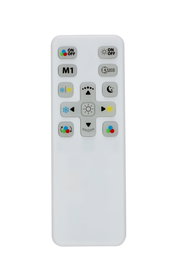 Weiße LED-Licht-Fernbedienung mit Tasten für Ein/Aus, Helligkeit, Farbwechsel, Timer (20s) sowie Tag-/Nachtmodus, frontal von oben auf weißem Hintergrund fotografiert.