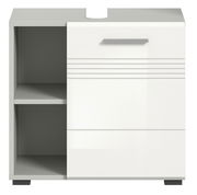 Moderner Waschbeckenunterschrank in Weiß mit offenem Regal und Schublade, Frontalansicht