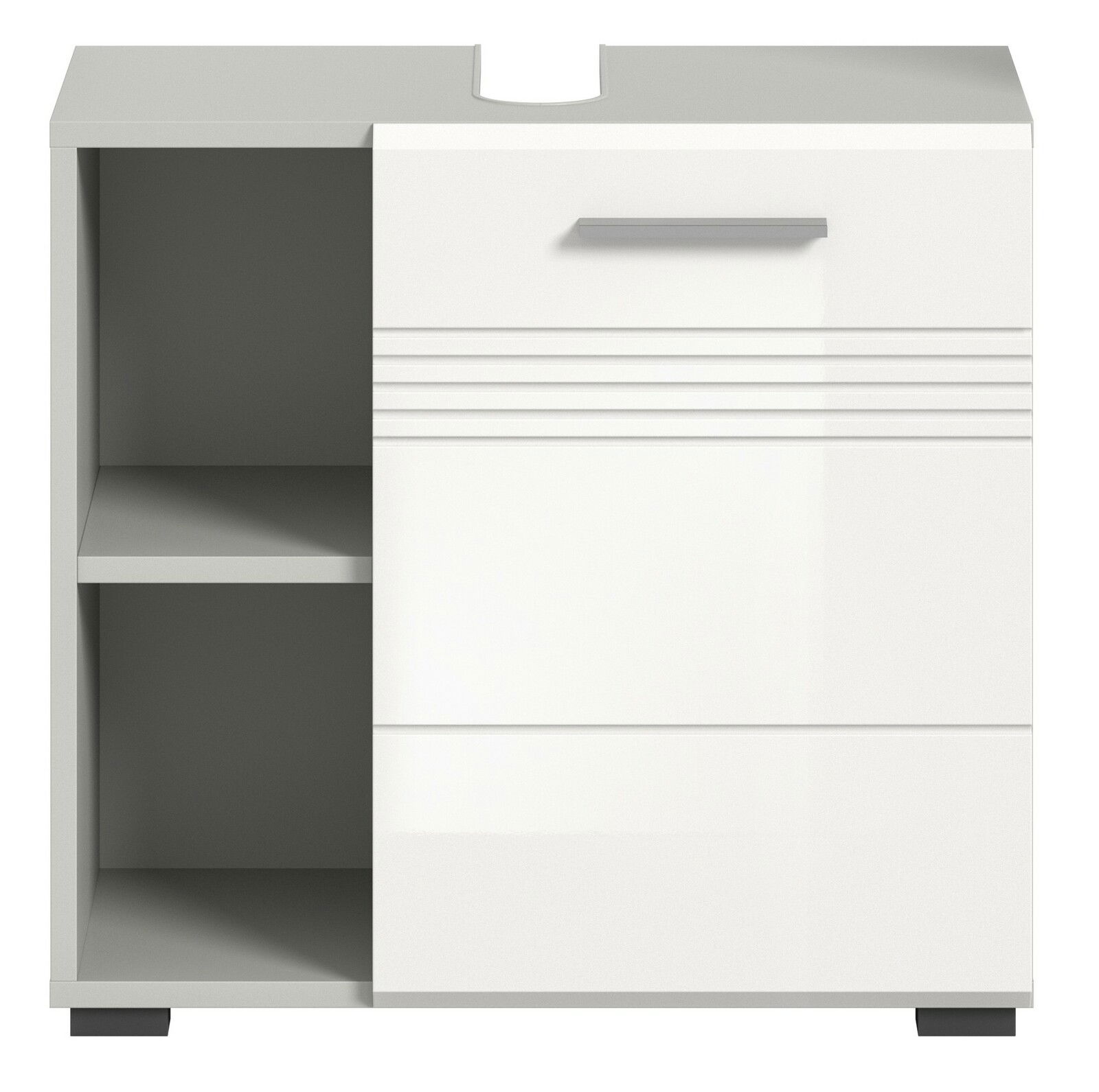 Moderner Waschbeckenunterschrank in Weiß mit offenem Regal und Schublade, Frontalansicht