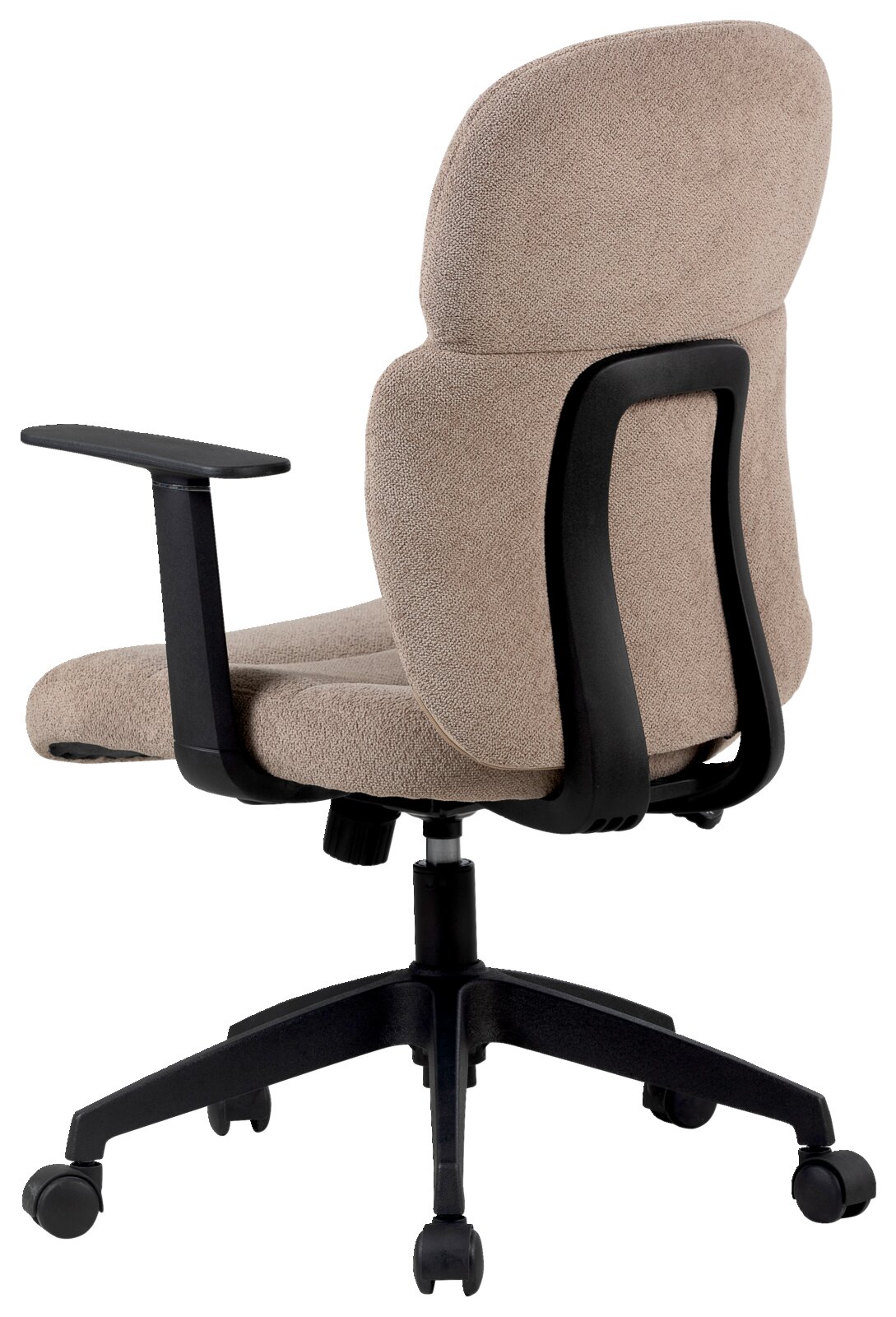 Achterkant van een beige draaistoel met zwart frame en armleuningen, model Modante Magnus