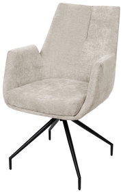 Moderner Armlehnstuhl in Beige mit schwarzem Metallgestell, seitliche Perspektive