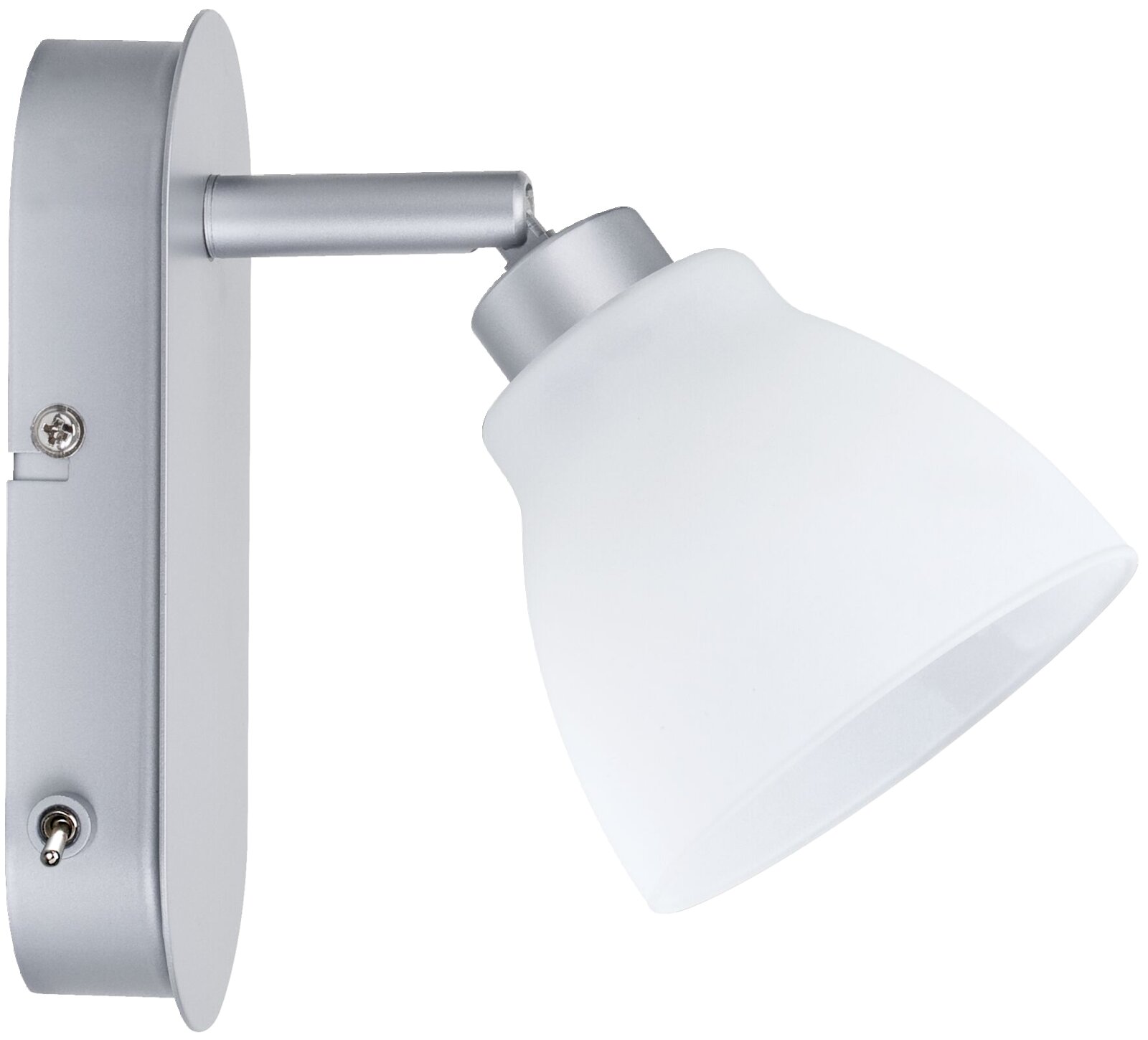 Silberne Wandlampe mit weißem Glasschirm, seitliche Perspektive