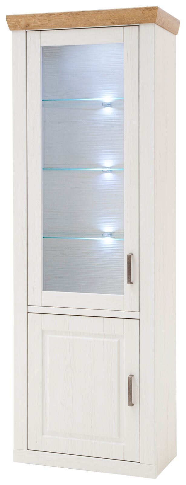 Hoge vitrinekast in wit met een bovenblad in houtlook, glazen deur met ledverlichting en glazen planken, evenals een onderste kastdeur en metalen handgrepen; vanaf de voorkant lichtjes van rechts gefotografeerd
