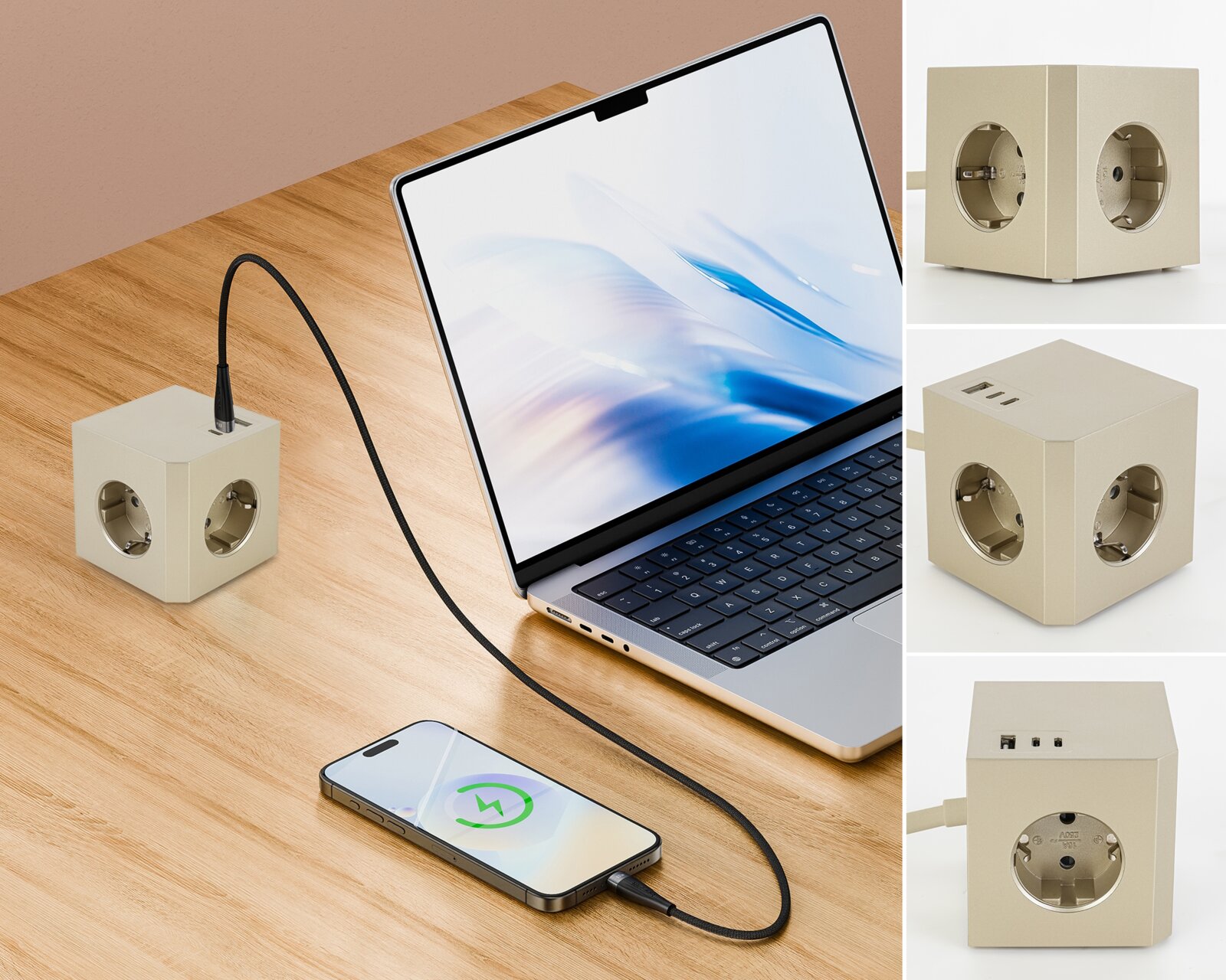 Mican Steckdosenwürfel PLUG BOX Steckdosenwürfel mit mehreren Steckplätzen und USB-Anschlüssen, auf einem Tisch neben einem Laptop und einem Smartphone, aus verschiedenen Perspektiven gezeigt.