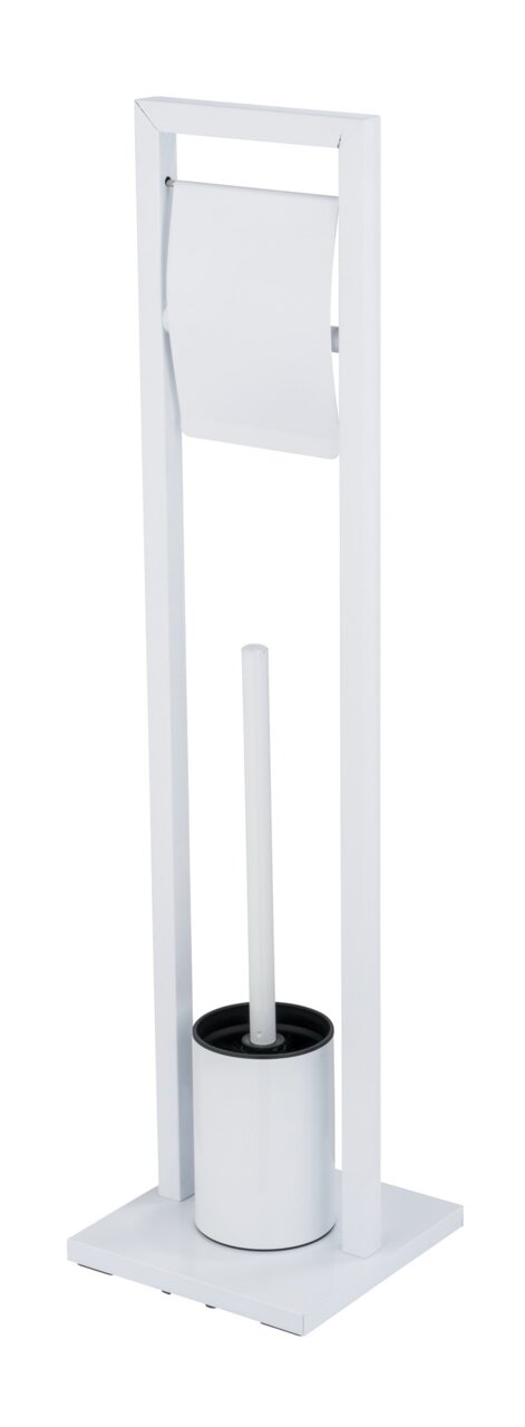 Weißer Toilettenpapierhalter mit integrierter WC-Bürste im Standfuß, freistehend in moderner Rahmenform, frontal in leichter Seitenperspektive fotografiert