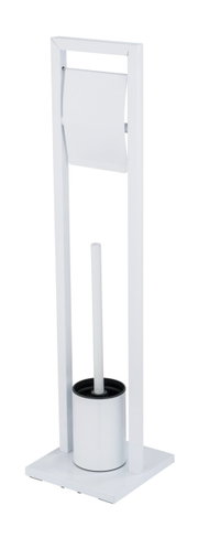 Weißer Toilettenpapierhalter mit integrierter WC-Bürste im Standfuß, freistehend in moderner Rahmenform, frontal in leichter Seitenperspektive fotografiert