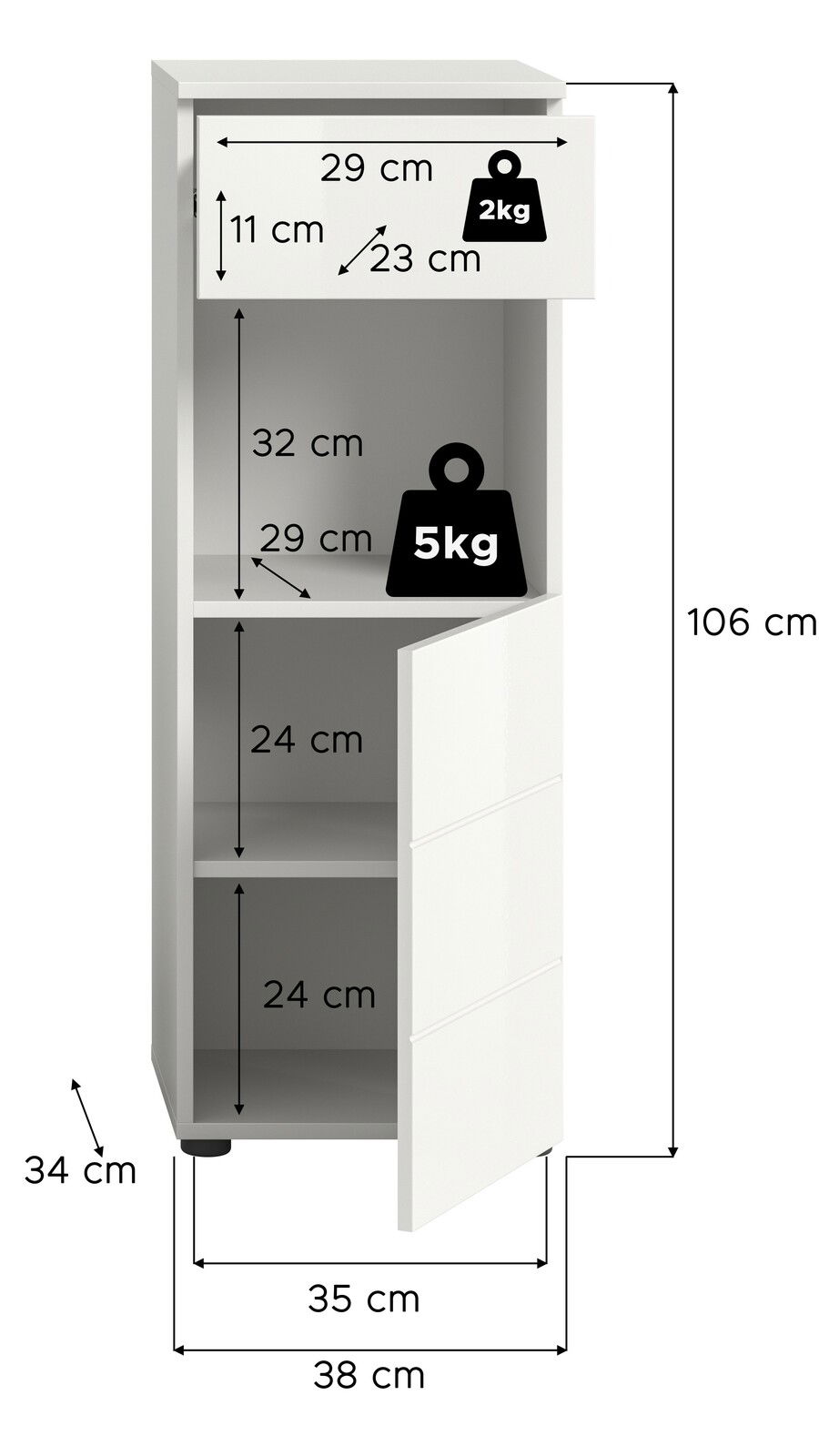 Weißer Standschrank mit einer Höhe von 106 cm, einer Breite von 38 cm und einer Tiefe von 34 cm. Der Schrank hat eine Schublade oben mit einer Traglast von 2 kg und zwei Fächer darunter mit einer Traglast von 5 kg. Die Perspektive zeigt den Schrank von vo