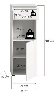 Weißer Standschrank mit einer Höhe von 106 cm, einer Breite von 38 cm und einer Tiefe von 34 cm. Der Schrank hat eine Schublade oben mit einer Traglast von 2 kg und zwei Fächer darunter mit einer Traglast von 5 kg. Die Perspektive zeigt den Schrank von vo