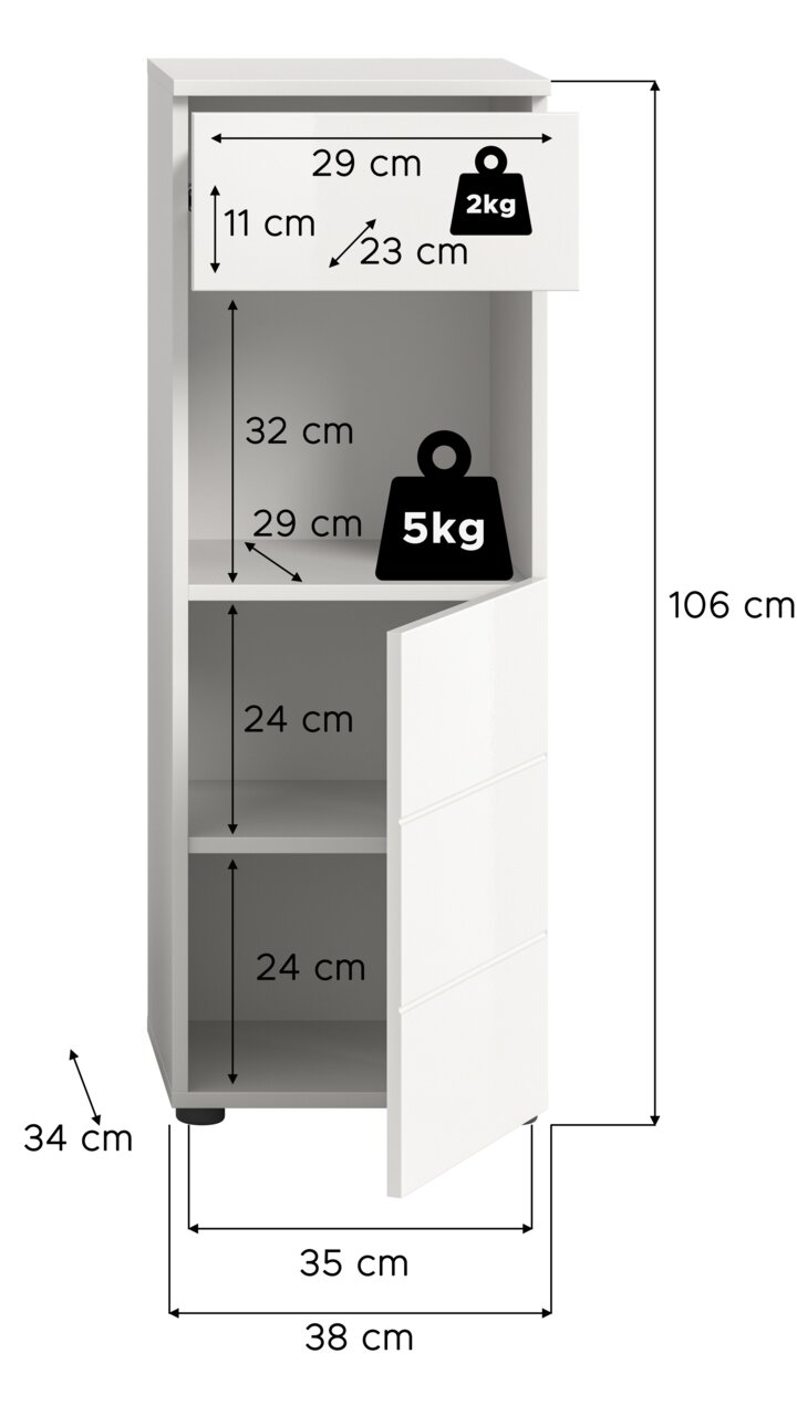 Weißer Standschrank mit einer Höhe von 106 cm, einer Breite von 38 cm und einer Tiefe von 34 cm. Der Schrank hat eine Schublade oben mit einer Traglast von 2 kg und zwei Fächer darunter mit einer Traglast von 5 kg. Die Perspektive zeigt den Schrank von vo