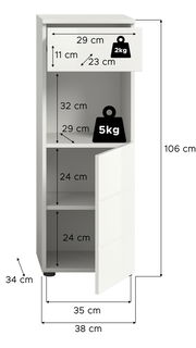 Weißer Standschrank mit einer Höhe von 106 cm, einer Breite von 38 cm und einer Tiefe von 34 cm. Der Schrank hat eine Schublade oben mit einer Traglast von 2 kg und zwei Fächer darunter mit einer Traglast von 5 kg. Die Perspektive zeigt den Schrank von vo